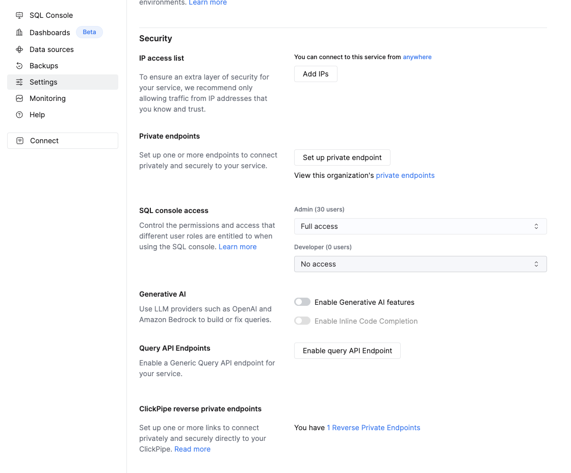 ClickHouse Cloud settings