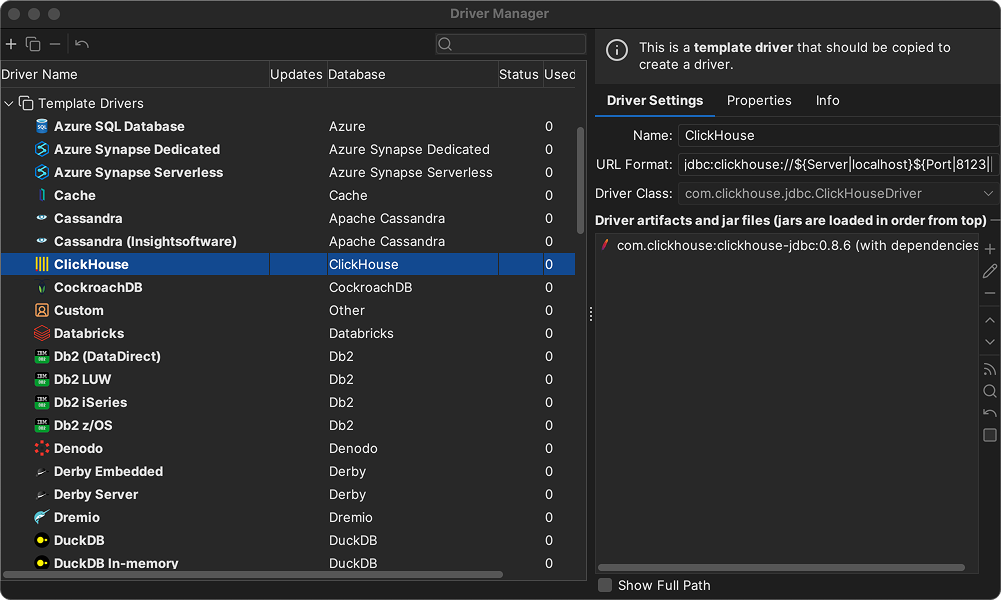 DbVisualizer driver manager interface showing ClickHouse JDBC driver configuration