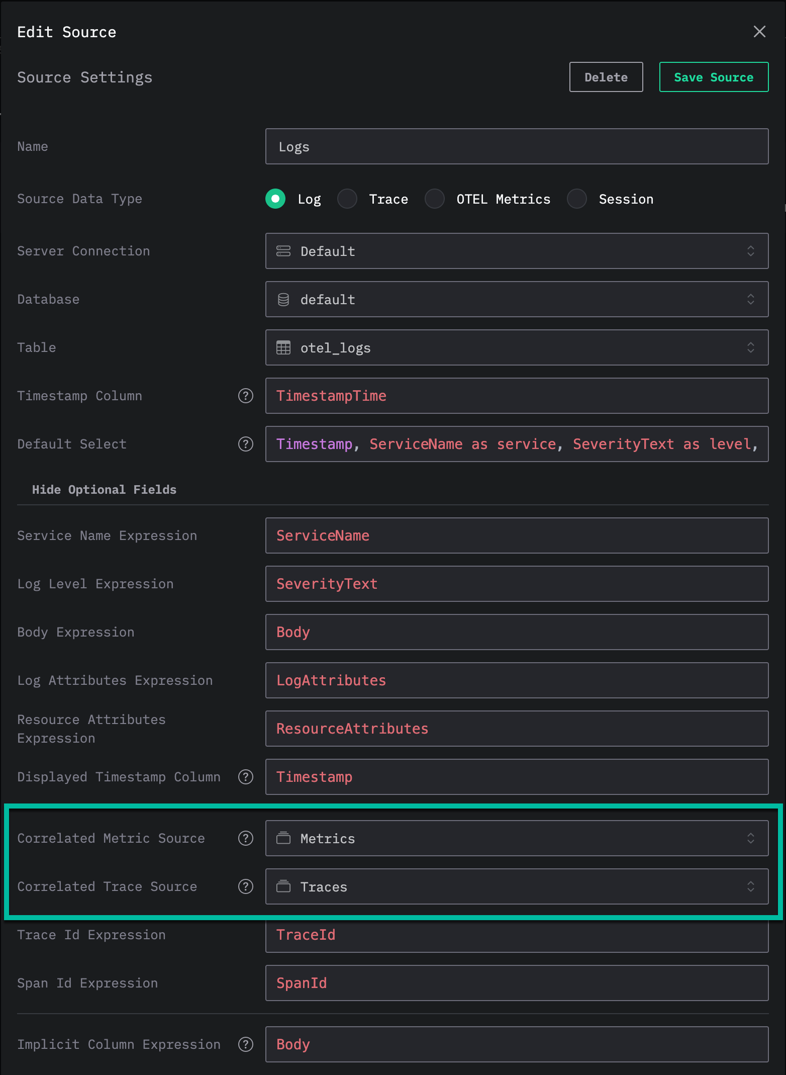 HyperDX Source correlated