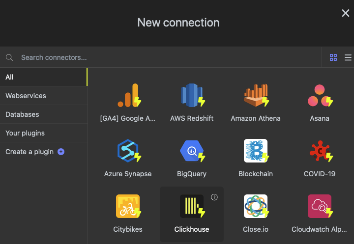 Luzmo interface showing the Create a New Connection dialog with ClickHouse selected