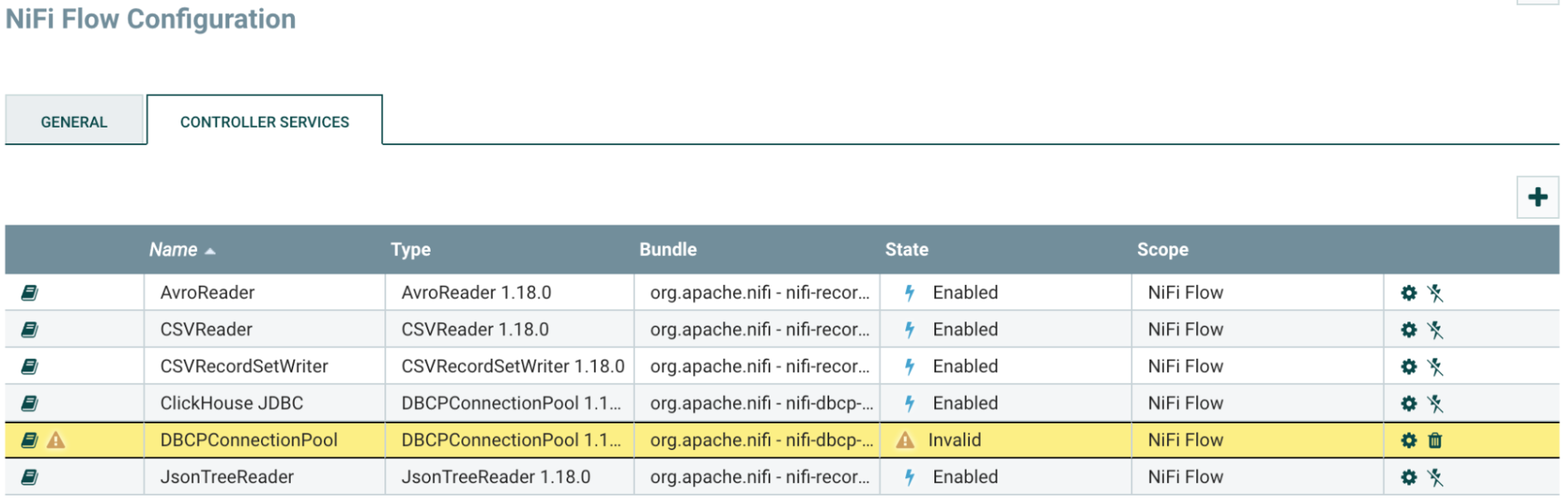 Controller Services list showing invalid DBCPConnectionPool with gear button highlighted