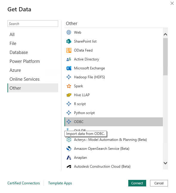 Power BI Get Data dialog with ODBC option selected under the Other category