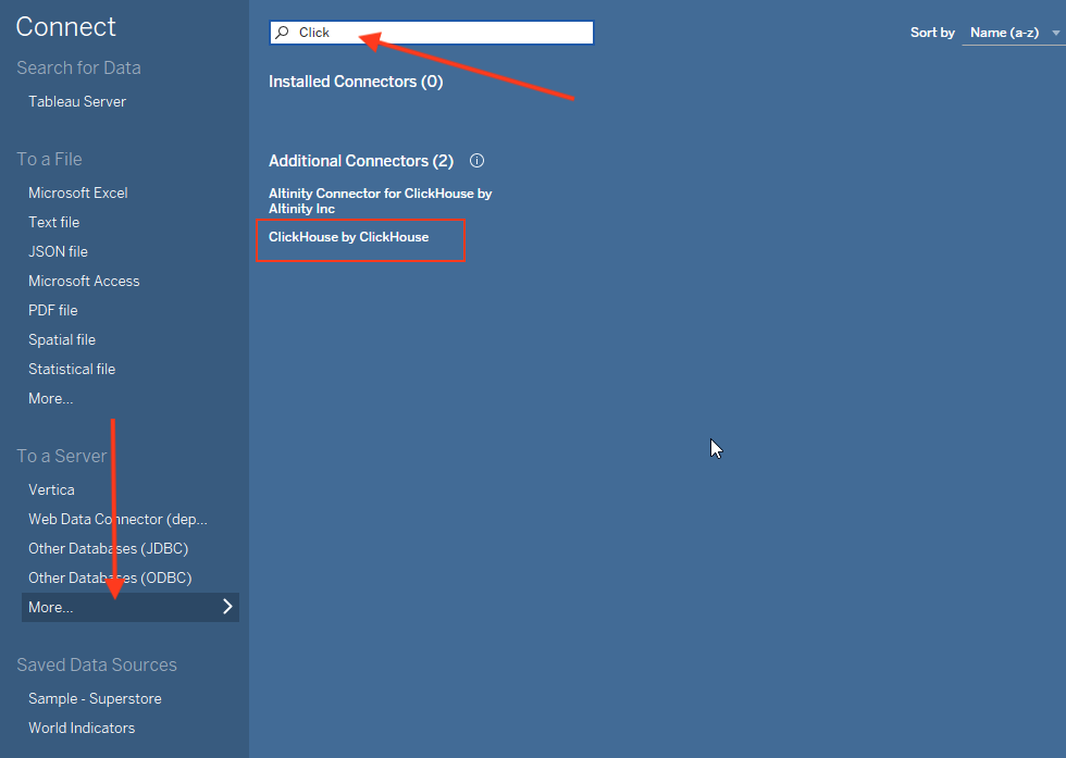Tableau connection screen showing the connector selection menu with ClickHouse by ClickHouse option highlighted