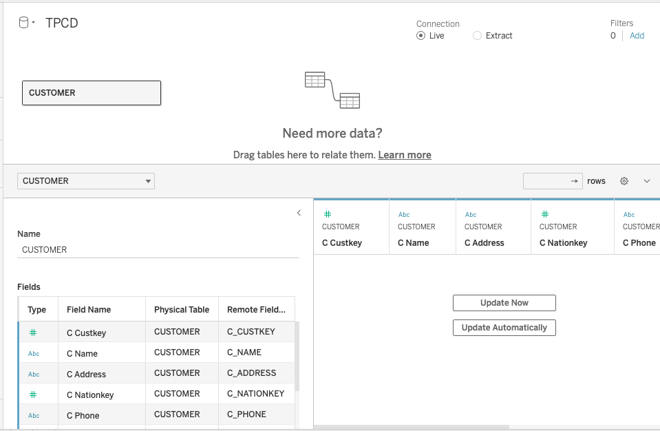 Tableau workbook with CUSTOMER table dragged to canvas showing column headers but no data