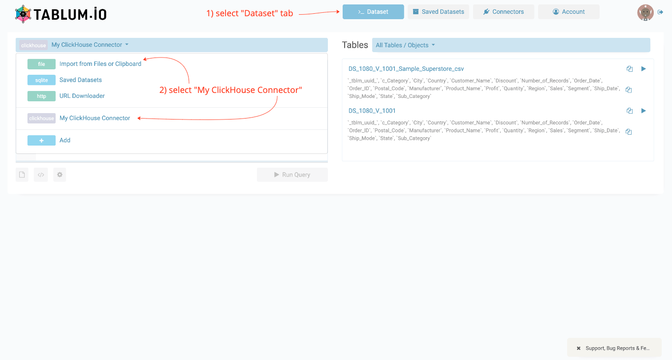 Selecting the ClickHouse connector in TABLUM.IO